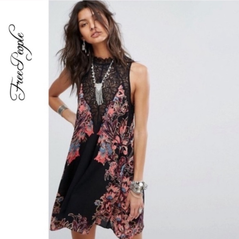 Free People “Marsha” Slip Dress W/ Black Lace & Multi-Color Floral Pattern - Picture 2 of 7
